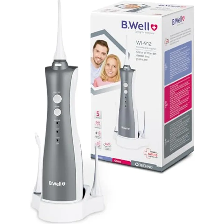 B.Well TH-912, Munddusche mit 3 Betriebsmodi, kabellos, 720 kPa, inklusive 5 Düsen und Wandhalterung