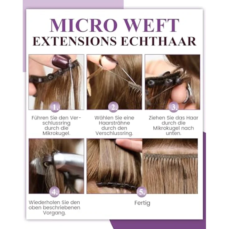 LaaVoo Micro Tressen Extensions Echthaar #1b, 40cm, 50g, Easy Fit EZE Weft Haarverlängerung mit Remy Echthaar und Mikroperlen – Bild 5