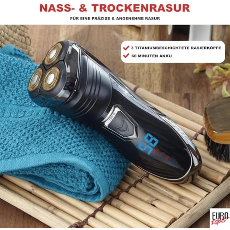 EUROtops Elektro-Rasierer Herren, 3 Scherköpfe, Nass & Trocken, Titanium-beschichtet, LC-Display – Bild 2