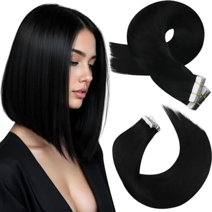 Moresoo Tape In Extensions Echthaar, Tiefschwarz, nahtlos, 35 cm, 20 Stück, 40 g, seidig glatt, Remy, voluminös für Hochzeit und Party – Bild 1