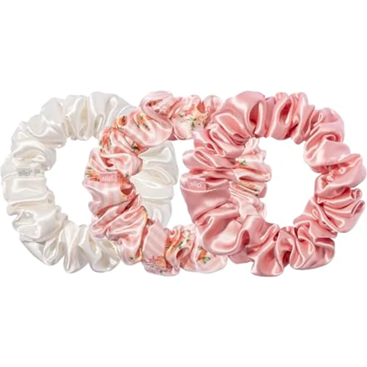 SLIP Slip Silk 100% Maulbeerseide Haargummi Set - Schonende Zopfgummis gegen Haarbruch, 3 Scrunchies - Rosa, Weiß, Petal – Bild 2