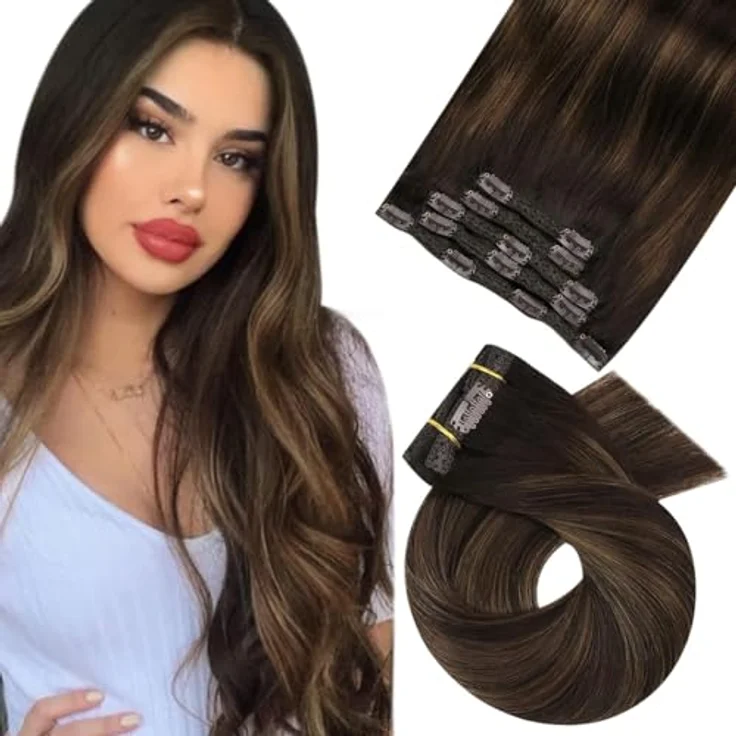 Moresoo Clip in Extensions Balayage, Echthaar Ombre Dunkelbraun mit Mittelbraun, 7 Tressen, 120g, 45cm – Bild 1