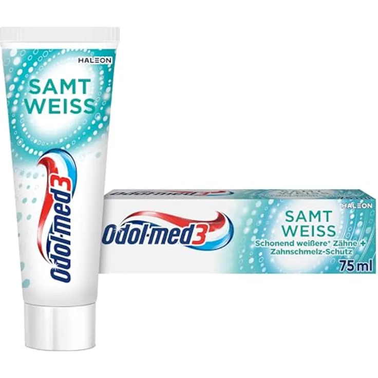 Odol-med3 Samtweiss Whitening Zahnpasta, 75ml, schonend für weiße Zähne, Zahnschmelz-Schutz und Fluorid-Formel