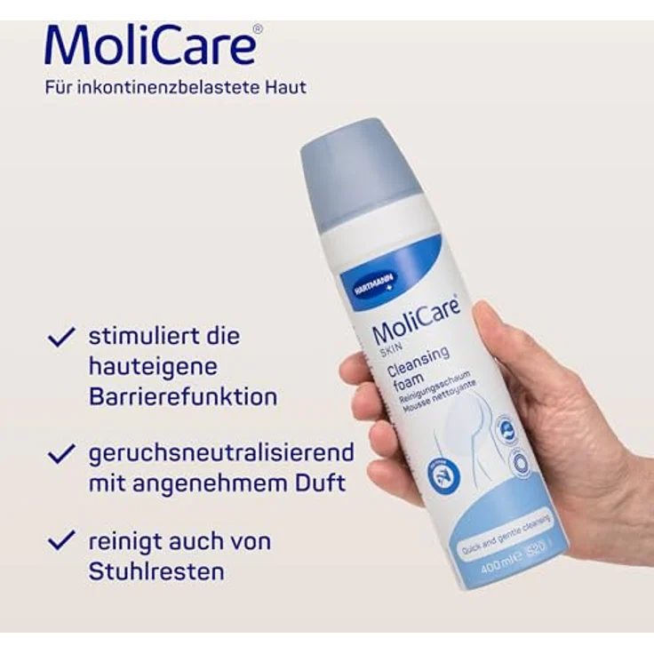 MoliCare Skin Reinigungsschaum Hautpflege, Hautreinigung ohne Wasser auch für empfindliche Haut geeignet 400 ml – Bild 7