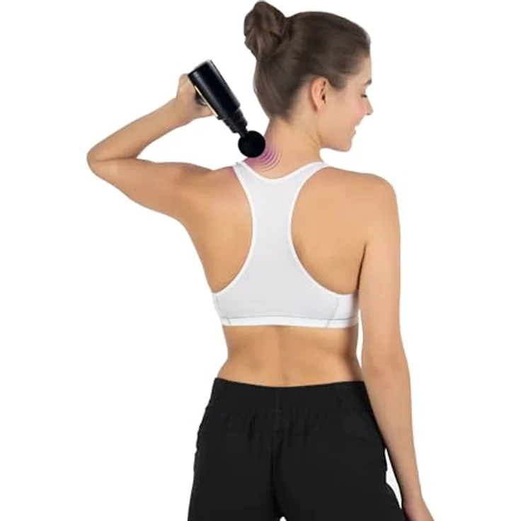 VITALmaxx Mini-Massagepistole, Massage Gun mit 4 Aufsätzen und 6 Leistungsstufen, zur Muskelmassage & Verspannungslösung, Schwarz/Gold – Bild 5