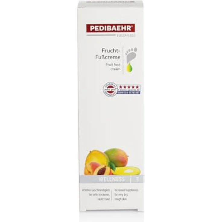 Pedibaehr Fußbalsam, Frucht Fußcreme mit Mangobutter und Pfirsichkernöl, intensiv durchfeuchtend mit Hyaluronsäure und Urea, 125 ml – Bild 1