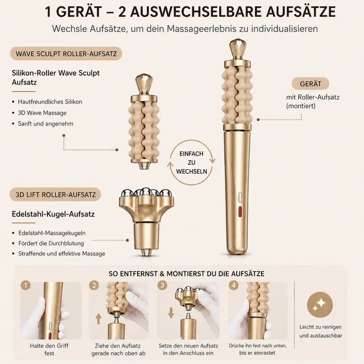 Lalano`S Cosmetics Sculptlift Pro, Gesichtsmassagegerät 2-in-1, kabellos, in edler Roségold-Optik, mit 3 Intensitätsstufen und 2 Aufsätzen