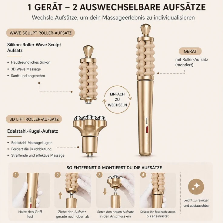 Lalano`S Cosmetics Sculptlift Pro, Gesichtsmassagegerät 2-in-1, kabellos, in edler Roségold-Optik, mit 3 Intensitätsstufen und 2 Aufsätzen