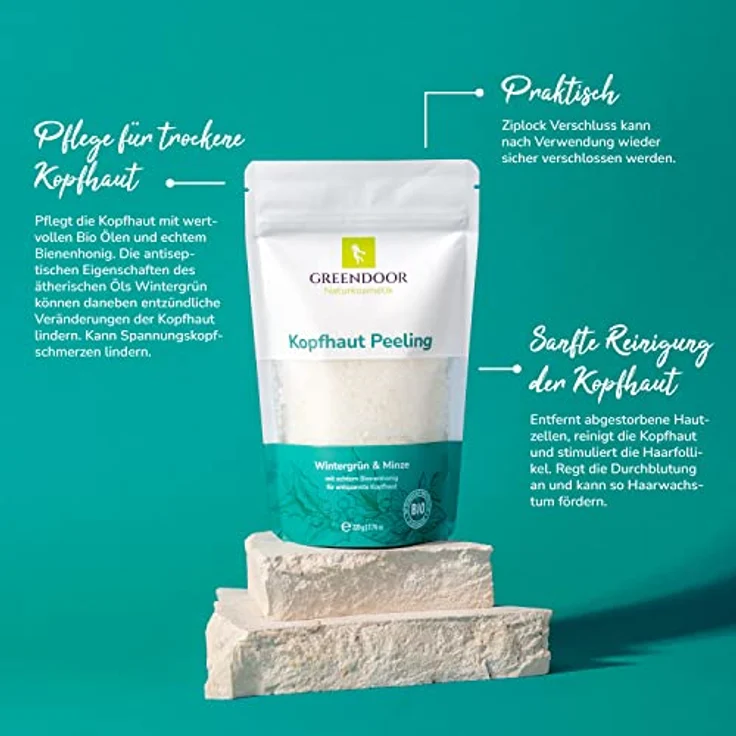 GREENDOOR Kopfhaut Peeling Wintergrün Pfefferminze 220g gegen trockene gestresste Kopfhaut | Haarfollikel werden besser durchblutet/versorgt, Haarwachstum natürlich gefördert, Naturkosmetik Haare – Bild 4