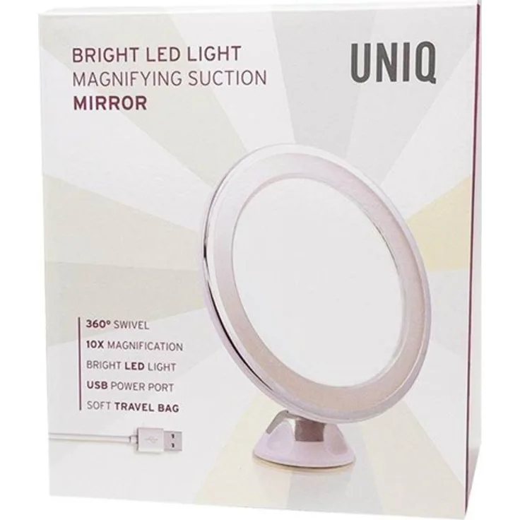 UNIQ Rundspiegel mit LED Licht, Saugnapf und x10 Vergrößerung, 17 cm, weiß oder schwarz