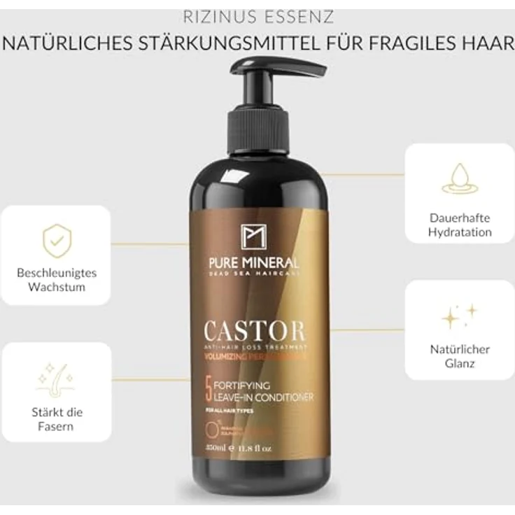 M PURE MINERAL DEAD SEA COSMETICS Pure Mineral Leave-in-Conditioner mit Rizinusöl, stärkt und hydratisiert für brüchiges Haar, 350ml - ohne Sulfate, Parabene, Petrolate – Bild 2