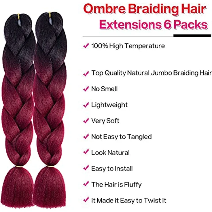 Shangxiu Jumbo Braids Extensions, kunsthaar zum einflechten, weinrot, 6 Stück, 60cm, hitzebeständig, Yaki Textur für Box Braids – Bild 2