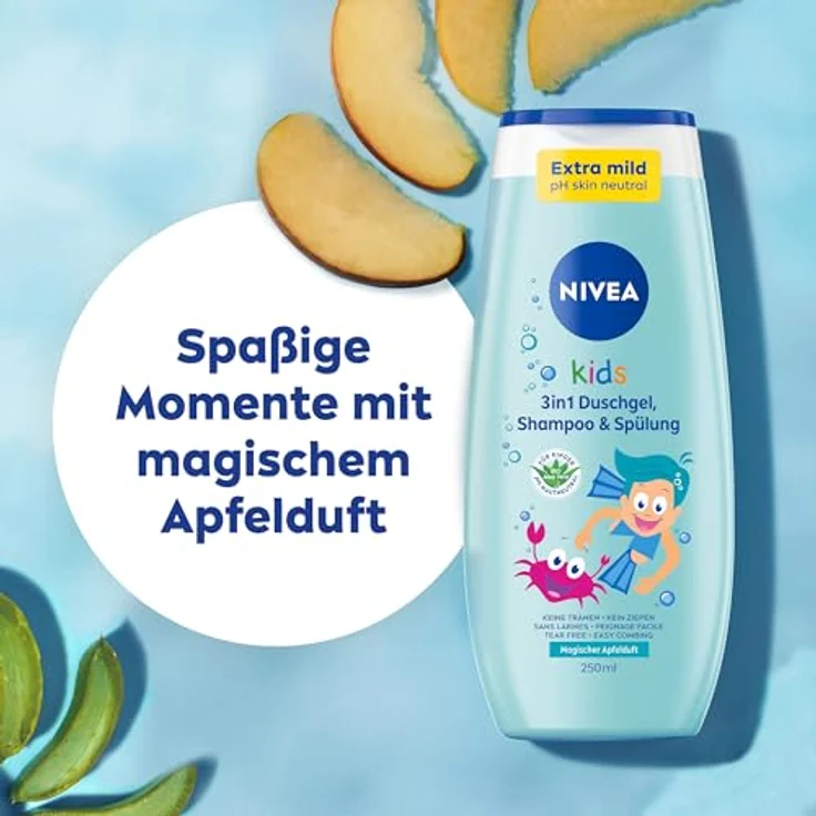 NIVEA KIDS 3in1 Duschgel, Shampoo & Spülung, extra milde Pflege mit magischem Apfelduft, 250 ml – Bild 5