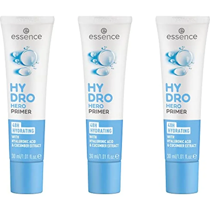 essence HYDRO HERO PRIMER, feuchtigkeitsspendender Primer mit Hyaluronsäure, vegan, ölfrei, ohne Alkohol und Parabene, 3er Pack (3x30ml), Weiss
