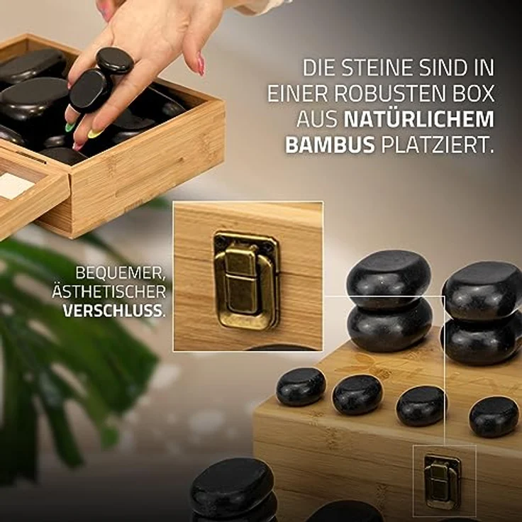 Habys Hot Stone Massagestein Set, 45-teilig aus Basalt mit Natur Bambus Box für Ganzkörpermassage – Bild 6