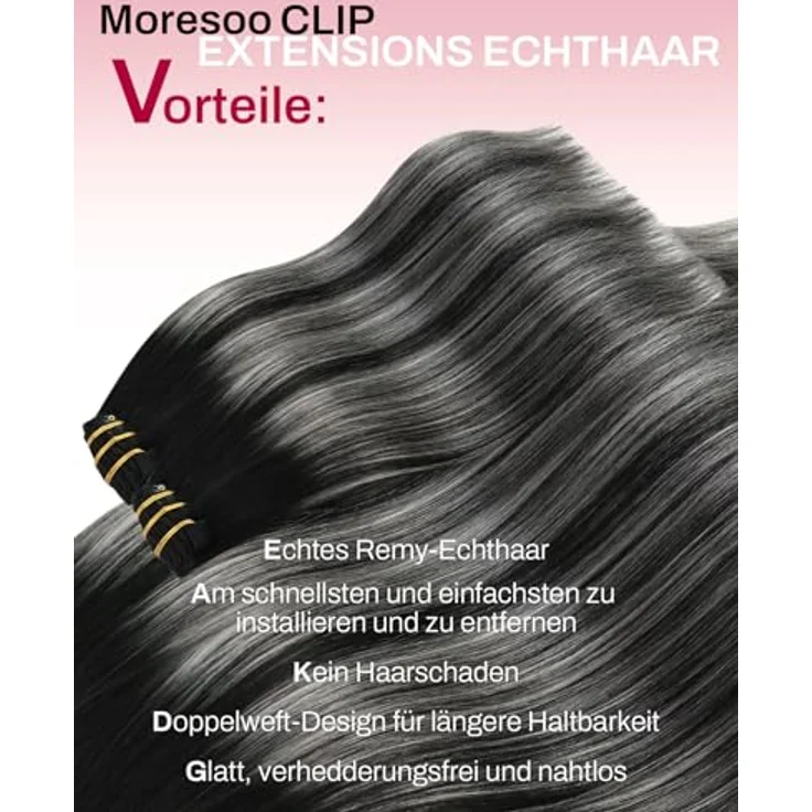Moresoo Echthaar Extensions Clip in, 45 cm, 7 Stück, 120g, seidig und leicht zu tragen – Bild 2