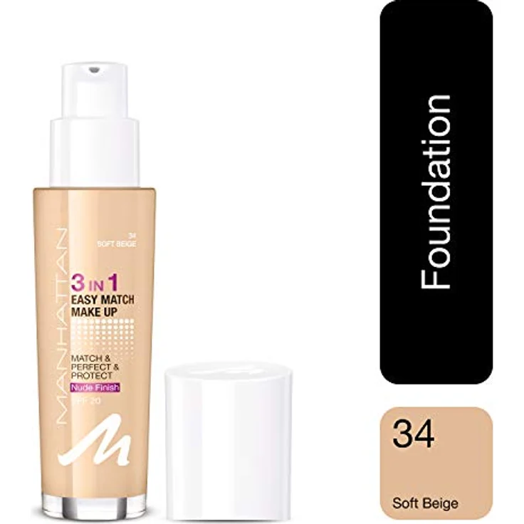 Manhattan 3in1 Easy Match Make-up, Flüssig Foundation für helle Haut mit LSF 20, Farbe Soft Beige 34, 1 x 30ml – Bild 2