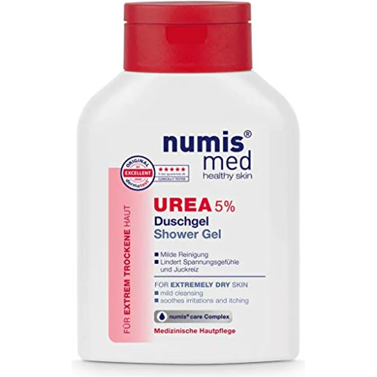 numis med Duschgel mit 5% Urea - Hautberuhigendes Duschgel für extrem trockene, zu Juckreiz neigende Haut - vegane Hautpflege ohne Silikone, Parabene & Mineralöl - Showergel (1x 200 ml) - numis care Complex, dermatologisch getestet - medizinische Hautpflege – Bild 1