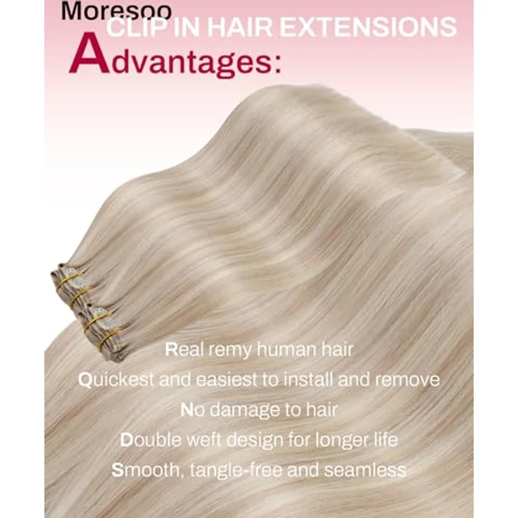 Moresoo Clip in Extensions Echthaar, 50 cm, 120g, #18/613 Aschblond mit Platinblond, langlebig und leicht zu tragen – Bild 2