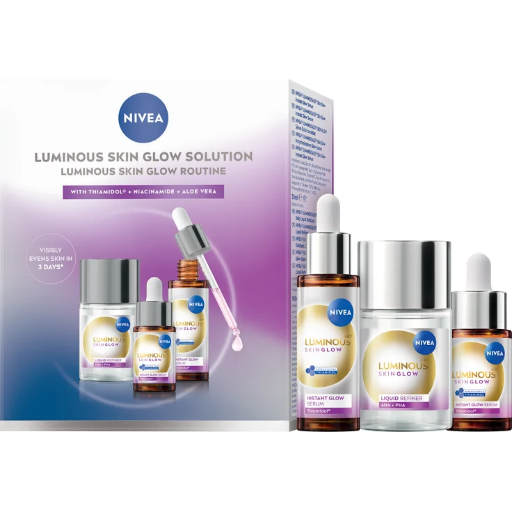 NIVEA LUMINOUS630 Skin Glow Routine, Set mit 100 ml Liquid Refiner und 2x 30 ml Feuchtigkeitsserum, AHA- und PHA-Formel, Luminous630®-Inhaltsstoff