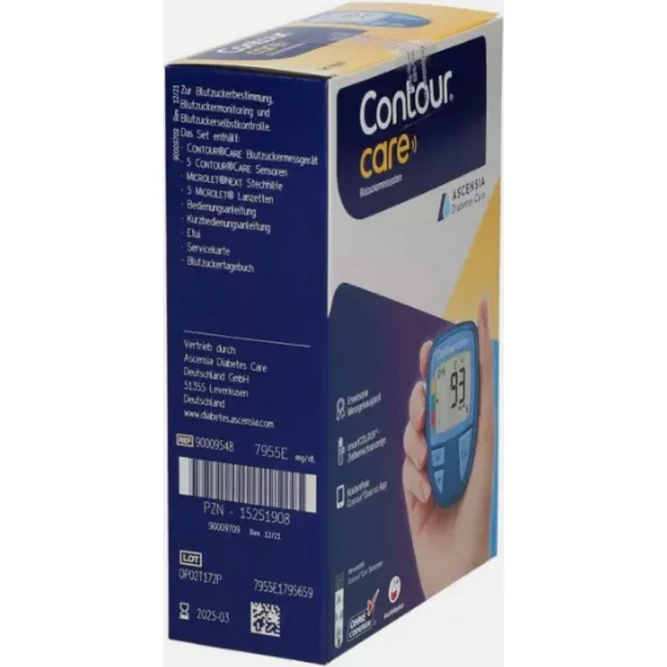 Ascensia Diabetes Care Blutzuckermessgerät CONTOUR®CARE, kompakt mit automatischer Blutzuckeranalyse, hohe Speicherkapazität, präzise Messergebnisse in mg/dL oder mmol, smarte Diabeteskontrolle