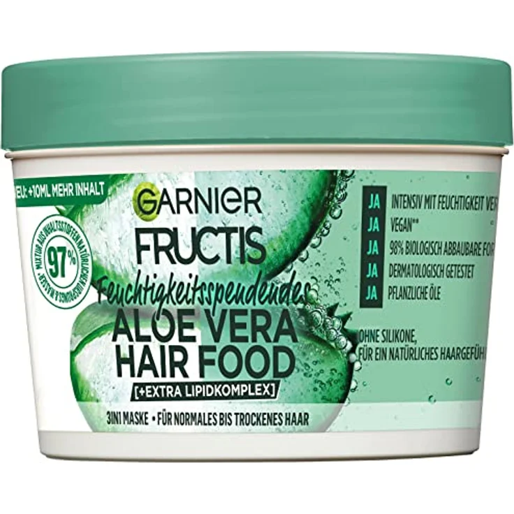 Garnier Aloe Vera 3in1 Haarmaske für normales bis trockenes Haar, Leave In für intensive Pflege und Feuchtigkeit, Vegane Formel mit natürlichen Inhaltsstoffen, Fructis Hair Food, 1 x 400 ml – Bild 1