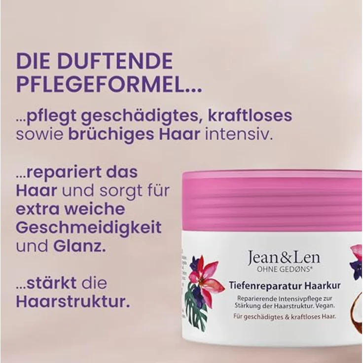 Jean & Len Tiefenreparatur Haarkur Kokosöl & Macadamia, für stark geschädigtes Haar, vegan, ohne Parabene und Silikone, 250ml – Bild 4