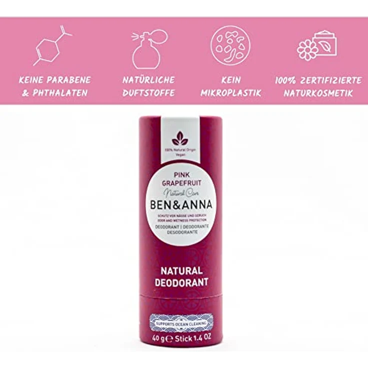 BEN&ANNA veganes Papertube Deo PINK GRAPEFRUIT | zertifizierte Naturkosmetik Deocreme | plastikfreies Deodorant 40g – Bild 2