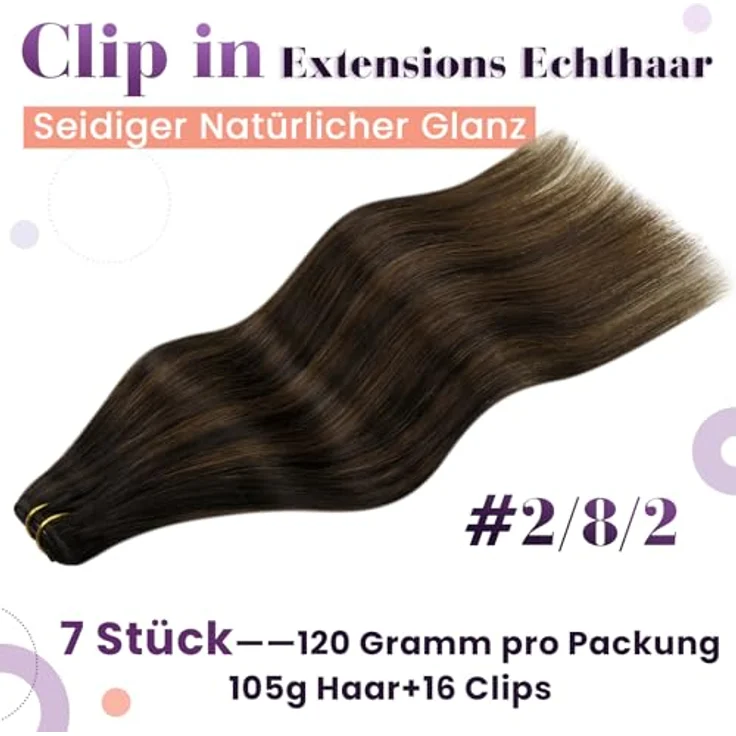 LaaVoo Clip in Extensions Echthaar #2/8/2, Doppelt Tressen Haarverlängerung 105g 50cm in Braun mit Hellbraun Balayage und Ombre – Bild 3