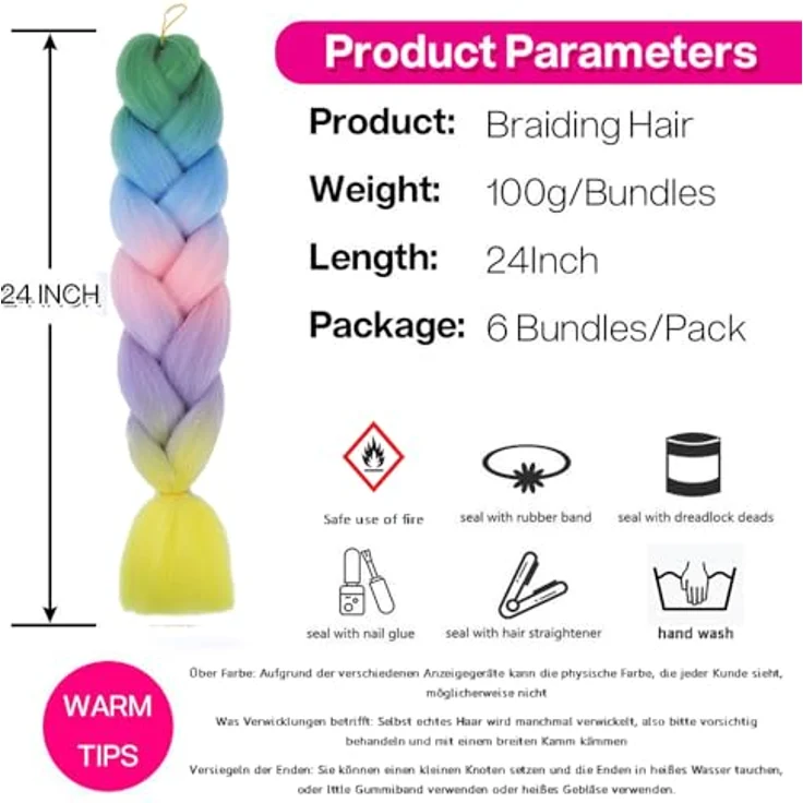 Shangxiu Rainbow Colors Zöpfe Haarverlängerungen, 24" (60cm) Yaki Textur mit 600g synthetischem Haar, 6 Stück pro Paket – Bild 3