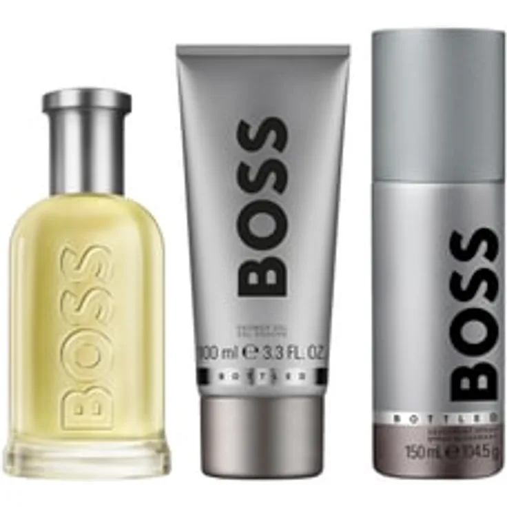 HUGO BOSS Bottled EdT 100 ml, Herren-Duftset mit Duschgel und Deodorant Spray in silberner Schachtel