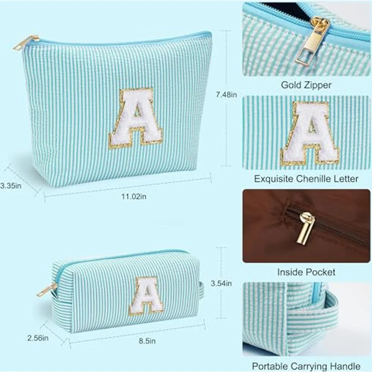 Parima Kosmetiktasche Set, 2 Stück Klein in Hellblau, Reise Schminktasche mit Fächern und personalisierbarem Chenille-Buchstaben – Bild 4