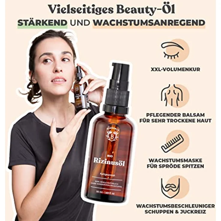 Bionoble Rizinusöl Bio 50ml - 100% Rein, Natürlich und Kaltgepresst - Wimpern, Augenbrauen, Haare, Bart, Nägel - Vegan und Cruelty Free - Castor Oil - Glasflasche + Pipette + Pumpe – Bild 2