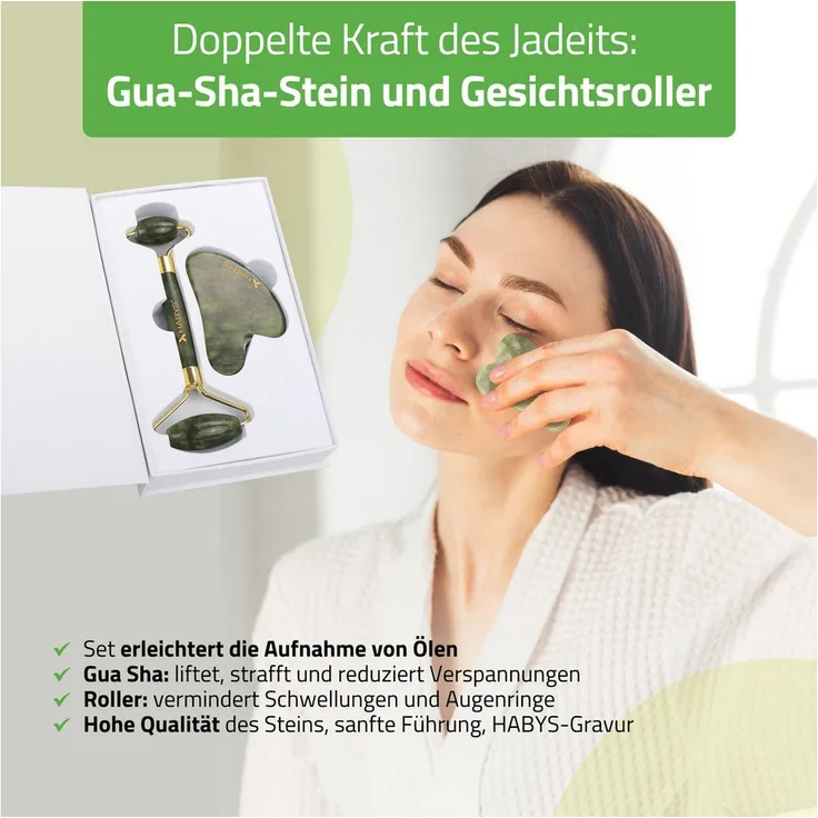 Habys Gesichts-Massage-Set Jadeit Gua Sha + Roller + Mandelöl 100 ml, seitlich geschliffene Komponenten in eleganter Magnetbox