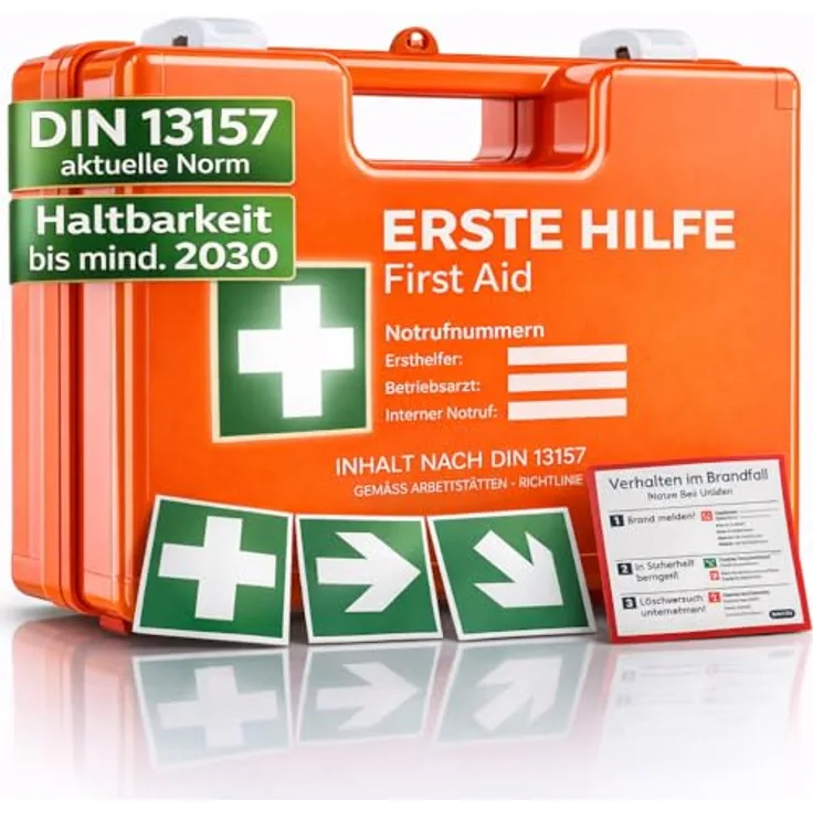 HELDENWERK Erste Hilfe Koffer DIN 13157:2021, inkl. Wandhalterung, 5 Aufkleber & Plombe, Verbandskasten für Betrieb, Büro und Zuhause