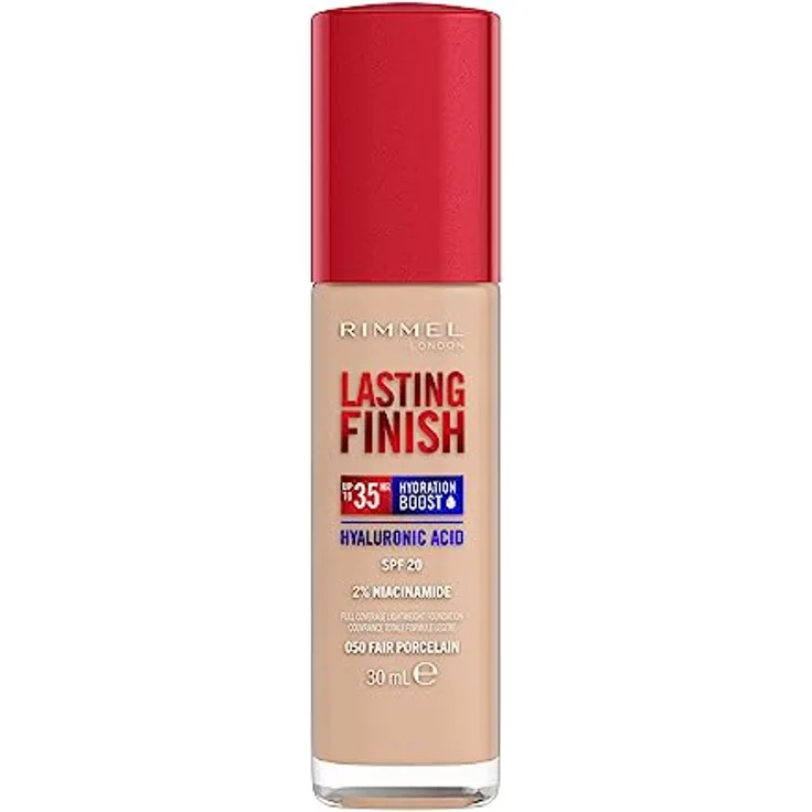Rimmel London Lasting Finish 35 Hour Foundation - 050 - Fair Porzellan, 30 ml - Feuchtigkeitsspendend, mit Hyaluronsäure und Vitamin E, Lichtschutzfaktor 20, vegan, wasser- und wischfest, natürlicher Glanz