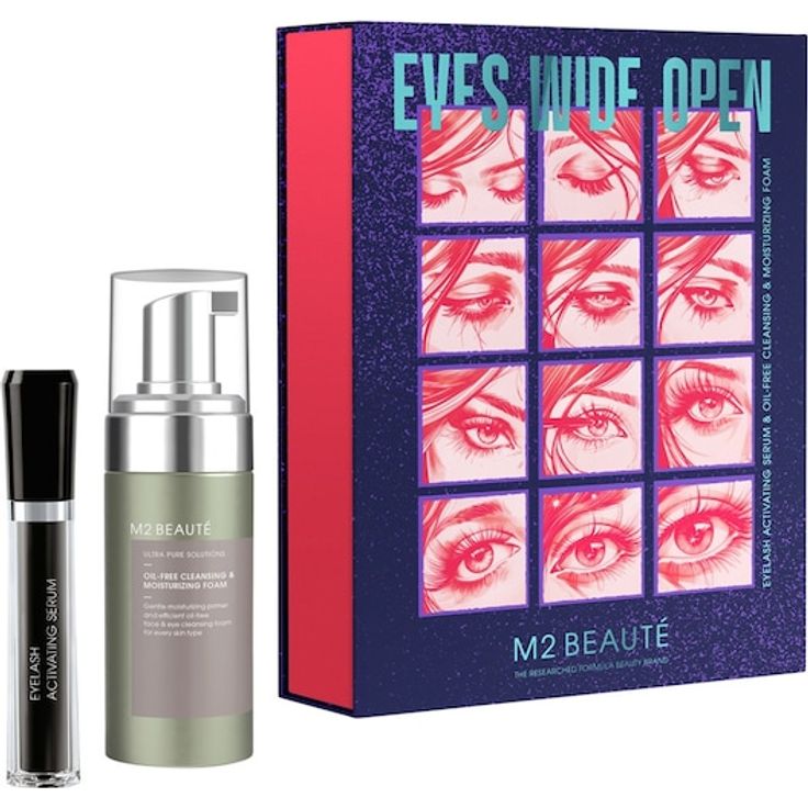 M2 BEAUTÉ Eyes Wide Open Bundle, Wimpernserum für längere und dichtere Wimpern, inklusive öl-freiem Reinigungsschaum, 4 ml und 100 ml