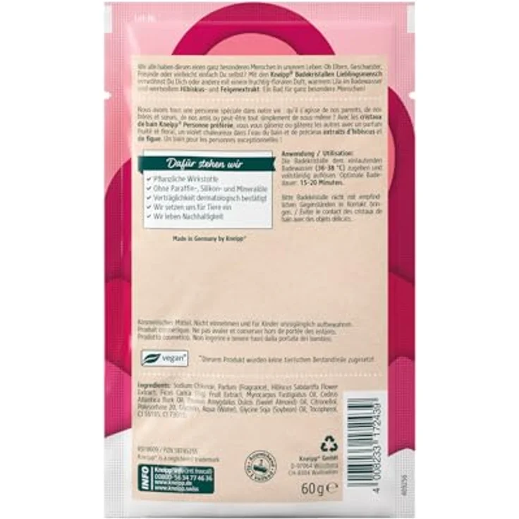 Kneipp Badekristalle Lieblingsmensch, Sachet mit naturreinem Tiefensalz und mit hochwertigem Hibiskus- und Feigenextrakt, fruchtig-floraler Duft, 60g – Bild 2