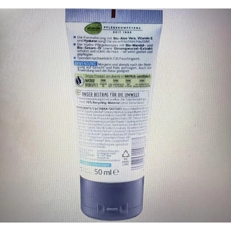 alverde MEN Hydro Feuchtigkeitscreme 50 ml – 72h Pflege mit Aloe Vera, Hyaluron & Vitamin E, vegan – Bild 2