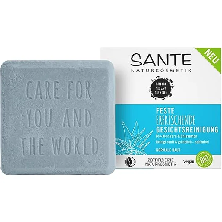 SANTE Naturkosmetik Feste Gesichtsreinigung für normale Haut, Vegane Formel mit Bio-Aloe Vera und Chiasamen, Feste Erfrischende Gesichtsreinigung, 1 x 60 g