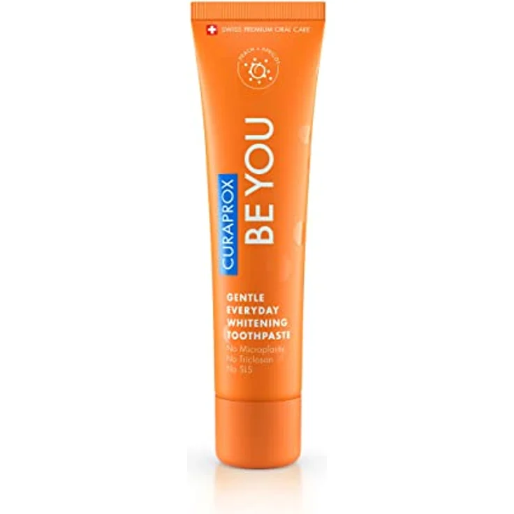 Curaprox Be You Pfirsich Whitening-Zahnpasta mit Geschmack von Pfirsich und Aprikose, mit Menthol, vegan, 950 ppm Fluorid, RDA 50, orange, 60 ml – Bild 2
