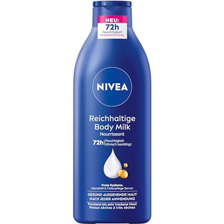 NIVEA Reichhaltige Body Milk, intensiv pflegende Körpercreme mit purem Hyaluron, Mandelöl und Tiefenpflege Serum, Lotion für trockene Haut (400 ml)