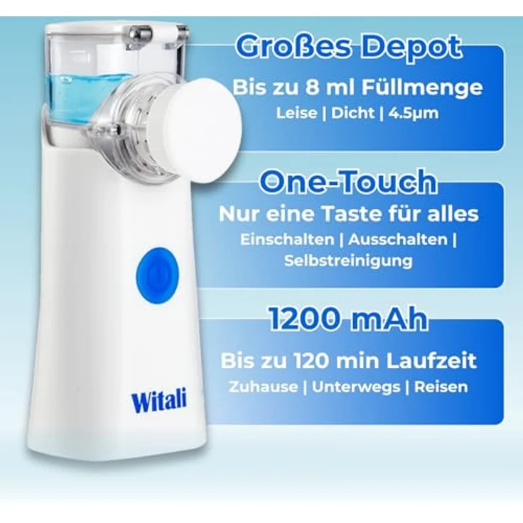 smartEC Witali Inhalationsgerät, tragbarer USB Vernebler mit MESH Technologie, leise 25-50 dB, inklusive Masken und Mundstück, 120 Minuten Akkulaufzeit, ideal für Kinder und Erwachsene – Bild 3