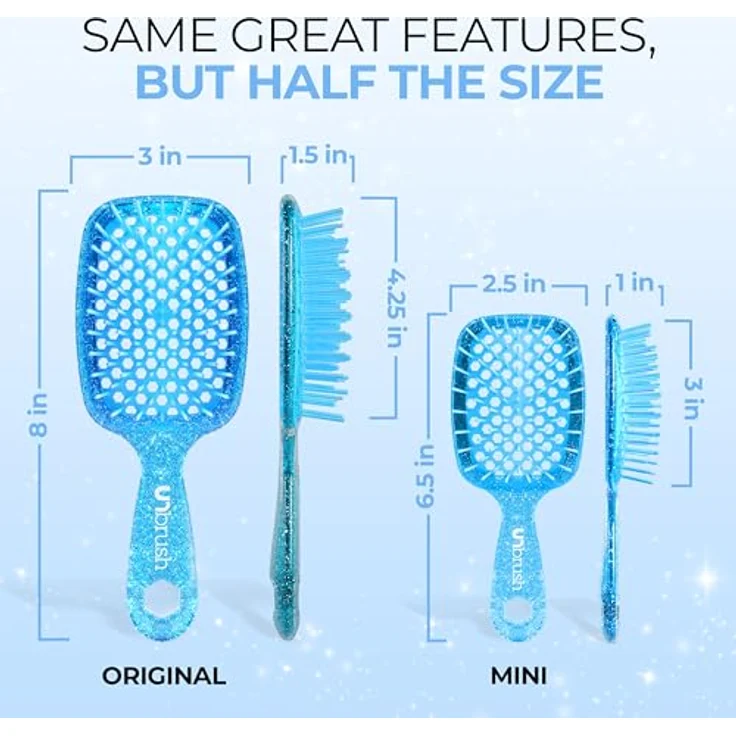UNbrush Glitter Collection Mini Haarbürste, Detangler in Sapphire, unisex, sanftes Entwirren ohne Ziepen für unterwegs – Bild 3