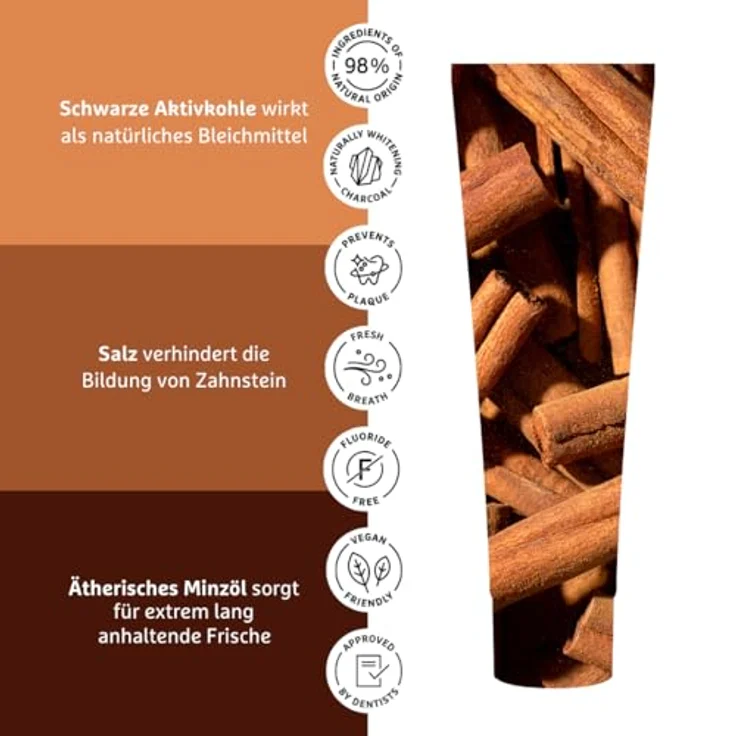 Ecodenta Black Cinnamon Whitening, Bleichende Zahnpasta mit Zimt, 100 ml – für strahlend weiße Zähne, pH-ausgleichend, natürliche Inhaltsstoffe – Bild 3