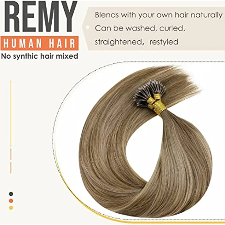 LaaVoo Nanoring Extensions Echthaar, Balayage Braun-Hellbraun Ombre #8/16/8, 50g, 45cm, ultradiskrete Anwendung ohne Hitze – Bild 5
