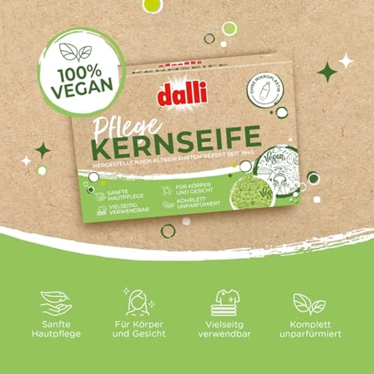 Dalli Pflanzliche Kernseife, 125 g in Faltschachtel, sanfte parfumfreie Gesichts- und Körperreinigung mit Kokosnuss- und Jojoba-Öl für empfindliche Haut – Bild 3