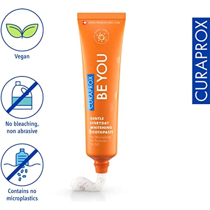 Curaprox Be You Pfirsich Whitening-Zahnpasta mit Geschmack von Pfirsich und Aprikose, mit Menthol, vegan, 950 ppm Fluorid, RDA 50, orange, 60 ml – Bild 4