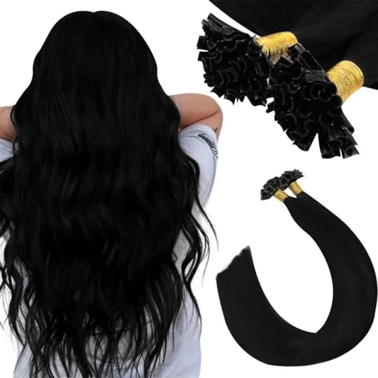 Ugeat Echthaar Extensions Bondings, Schwarz U Tip, 60 cm, 50 g, Remy-Haar für nahtloses Styling – Bild 1