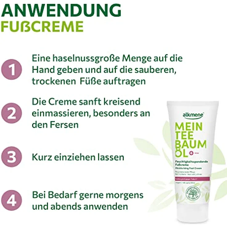 Alkmene Mein Teebaumöl Fußcreme 100 ml, vorbeugend gegen Fußpilz, vegan und klimaneutral, feuchtigkeitsspendend – Bild 4
